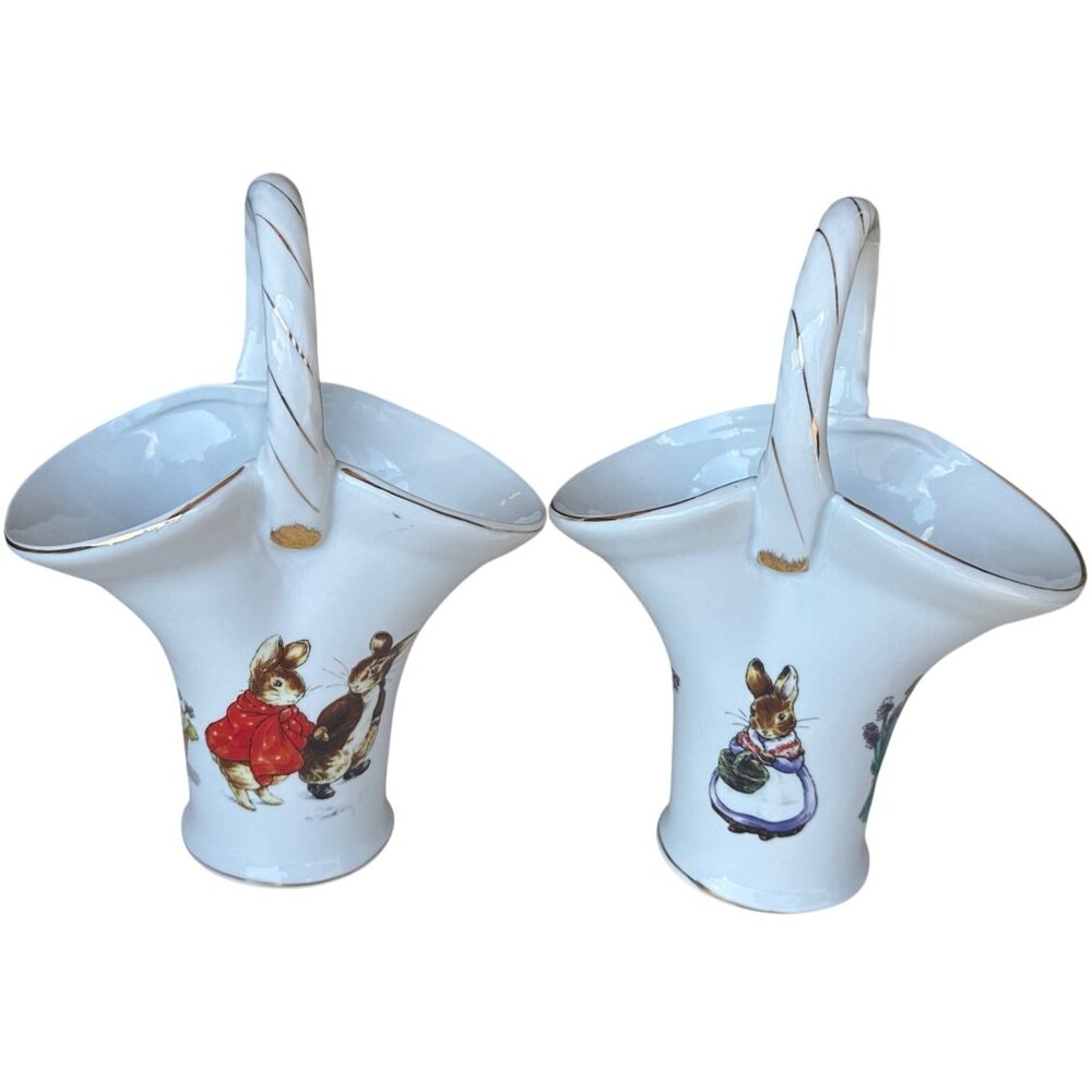 VTG 2002 Set of 2 Peter Rabbit Beatrix Potter Handled Basket Vases Ceramic 8"